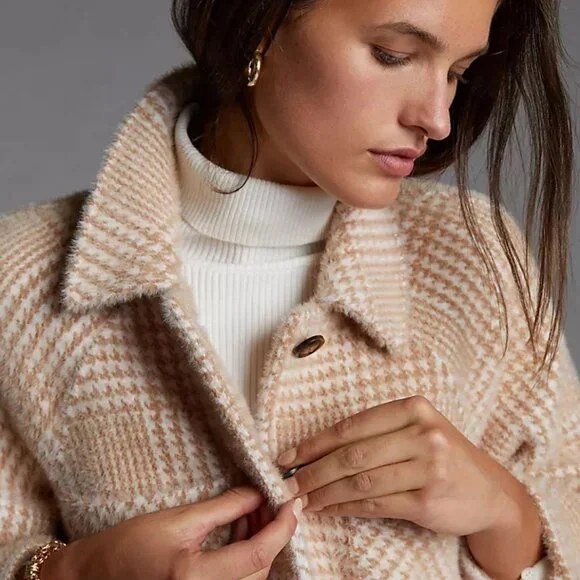 Anthropologie Greylin Houndstooth Shirt Fuzzy Beige White Jacket Blazer - Picture 4 of 9